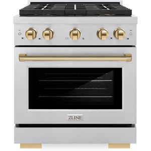 imageZLINE Autograph Edition 30 in 42 cu ft Paramount Gas Range with 4 Burner DuoPro Cooktop and Convection Gas Oven in Satin Stainless Steel and Polished Gold Accents PSGRSZ30G