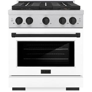 imageZLINE Autograph Edition 30 in 42 cu ft Paramount Gas Range with 4 Burner DuoPro Cooktop and Convection Gas Oven in Satin Stainless Steel with White Door and Matte Black Accents PSGRSZWM30MB