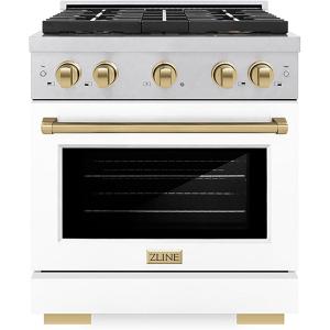 imageZLINE Autograph Edition 30 in 42 cu ft Paramount Gas Range with 4 Burner DuoPro Cooktop and Convection Gas Oven in Satin Stainless Steel with White Door and Bronze Accents PSGRSZWM30CB
