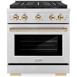 imageZLINE Autograph Edition 30 in 42 cu ft Paramount Gas Range with 4 Burner DuoPro Cooktop and Convection Gas Oven in Stainless Steel with Polished Gold Accents PSGRZ30G