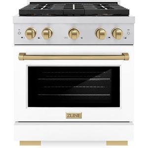 imageZLINE Autograph Edition 30 in 42 cu ft Paramount Gas Range with 4 Burner DuoPro Cooktop and Convection Gas Oven in Stainless Steel with White Door and Champagne Bronze Accents PSGRZWM30CB