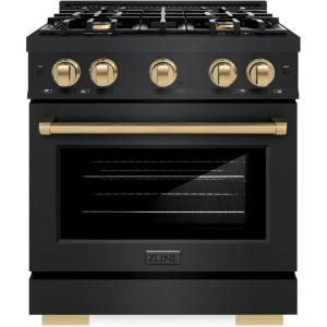 imageZLINE Autograph Edition 30 in 42 cu ft Select Dual Fuel Range with 4 Burner Gas Cooktop and Electric Convection Oven in Black Stainless Steel with Champagne Bronze Accents HDRBZ30CB