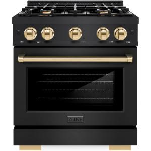 imageZLINE Autograph Edition 30 in 42 cu ft Select Dual Fuel Range with 4 Burner Gas Cooktop and Electric Convection Oven in Black Stainless Steel with Polished Gold Accents HDRBZ30G