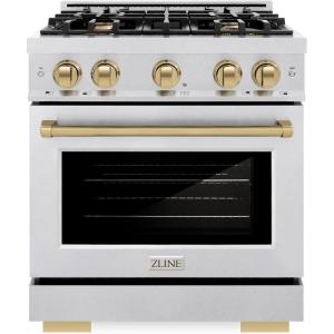 imageZLINE Autograph Edition 30 in 42 cu ft Select Dual Fuel Range with 4 Burner Gas Cooktop and Electric Convection Oven in Satin Stainless Steel with Champagne Bronze Accents HDRSZ30CB