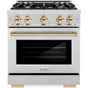 imageZLINE Autograph Edition 30 in 42 cu ft Select Dual Fuel Range with 4 Burner Gas Cooktop and Electric Convection Oven in Stainless Steel with Polished Gold Accents HDRZ30G