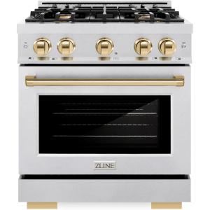 imageZLINE Autograph Edition 30 in 42 cu ft Select Gas Range with 4 Burner Cooktop and Convection Gas Oven in Satin Stainless Steel and Polished Gold Accents HGRSZ30G
