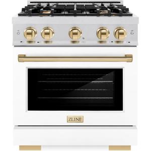 imageZLINE Autograph Edition 30 in 42 cu ft Select Gas Range with 4 Burner Cooktop and Convection Gas Oven in Satin Stainless Steel with White Matte Door and Polished Gold Accents HGRSZWM30G