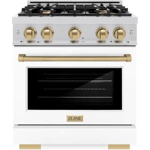imageZLINE Autograph Edition 30 in 42 cu ft Select Gas Range with 4 Burner Cooktop and Convection Gas Oven in Stainless Steel with White Matte Door and Champagne Bronze Accents HGRZWM30CB