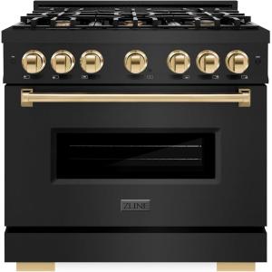 imageZLINE Autograph Edition 36 in 52 cu ft Classic Dual Fuel Range with 6 Burner Gas Cooktop and Electric Convection Oven in Black Stainless Steel with Polished Gold Accents CDRBZ36G