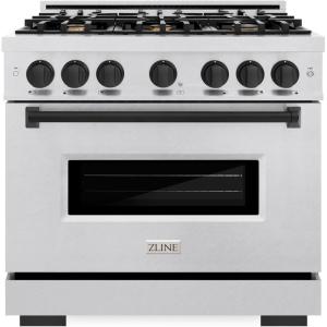 imageZLINE Autograph Edition 36 in 52 cu ft Classic Dual Fuel Range with 6 Burner Gas Cooktop and Electric Convection Oven in Satin Stainless Steel with Matte Black Accents CDRSZ36MB