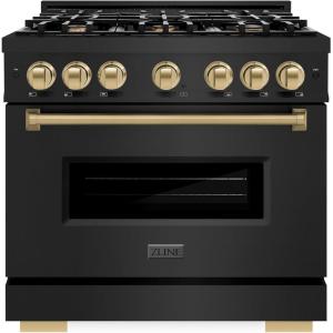 imageZLINE Autograph Edition 36 in 52 cu ft Classic Gas Range with 6 Burner Cooktop and Convection Gas Oven in Black Stainless Steel and Champagne Bronze Accents CGRBZ36CB