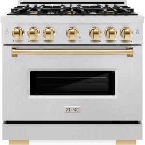 imageZLINE Autograph Edition 36 in 52 cu ft Classic Gas Range with 6 Burner Cooktop and Convection Gas Oven in Satin Stainless Steel and Polished Gold Accents CGRSZ36G
