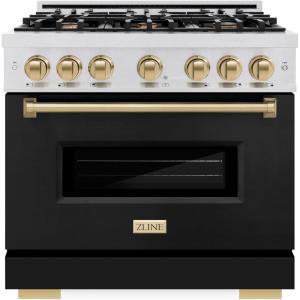 imageZLINE Autograph Edition 36 in 52 cu ft Classic Gas Range with 6 Burner Cooktop and Convection Gas Oven in Satin Stainless Steel with Black Matte Door and Champagne Bronze Accents CGRSZBLM36CB