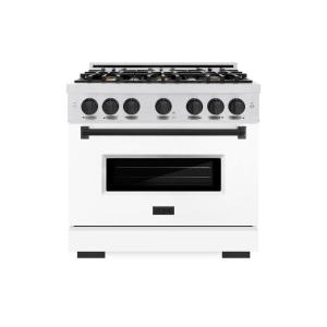 imageZLINE Autograph Edition 36 in 52 cu ft Classic Gas Range with 6 Burner Cooktop and Convection Gas Oven in Satin Stainless Steel with White Matte Door and Matte Black Accents CGRSZWM36MB