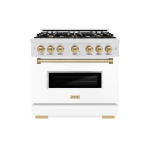 imageZLINE Autograph Edition 36 in 52 cu ft Classic Gas Range with 6 Burner Cooktop and Convection Gas Oven in Satin Stainless Steel with White Matte Door and Champagne Bronze Accents CGRSZWM36CB