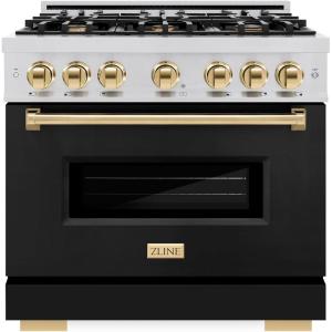 imageZLINE Autograph Edition 36 in 52 cu ft Classic Gas Range with 6 Burner Cooktop and Convection Gas Oven in Stainless Steel with Black Matte Door and Polished Gold Accents CGRZBLM36G
