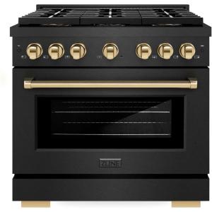 imageZLINE Autograph Edition 36 in 52 cu ft Paramount Dual Fuel Range with 6 Burner DuoPro Cooktop and Electric Convection Oven in Black Satin Stainless Steel and Polished Gold Accents PSDRBSZ36G