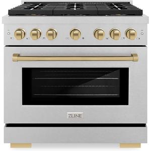 imageZLINE Autograph Edition 36 in 52 cu ft Paramount Dual Fuel Range with 6 Burner DuoPro Cooktop and Electric Convection Oven in Satin Stainless Steel and Champagne Bronze Accents PSDRSZ36CB