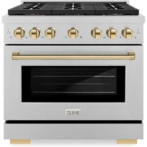 imageZLINE Autograph Edition 36 in 52 cu ft Paramount Dual Fuel Range with 6 Burner DuoPro Cooktop and Electric Convection Oven in Satin Stainless Steel and Polished Gold Accents PSDRSZ36G