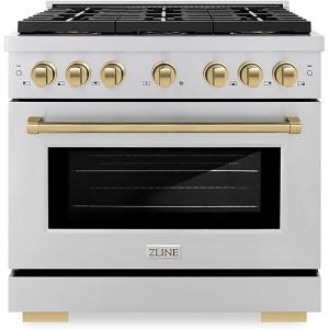 imageZLINE Autograph Edition 36 in 52 cu ft Paramount Dual Fuel Range with 6 Burner DuoPro Cooktop and Electric Convection Oven in Stainless Steel and Champagne Bronze Accents PSDRZ36CB