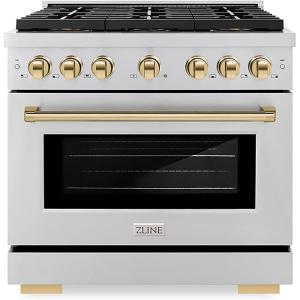 imageZLINE Autograph Edition 36 in 52 cu ft Paramount Dual Fuel Range with 6 Burner DuoPro Cooktop and Electric Convection Oven in Stainless Steel and Polished Gold Accents PSDRZ36G
