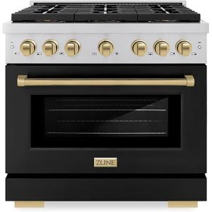 imageZLINE Autograph Edition 36 in 52 cu ft Paramount Dual Fuel Range with 6 Burner DuoPro Cooktop and Electric Convection Oven with Black Matte Door and Champagne Bronze Accents PSDRZBLM36CB