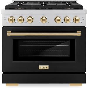 imageZLINE Autograph Edition 36 in 52 cu ft Paramount Dual Fuel Range with 6 Burner DuoPro Cooktop and Electric Convection Oven with Black Matte Door and Polished Gold Accents PSDRZBLM36G