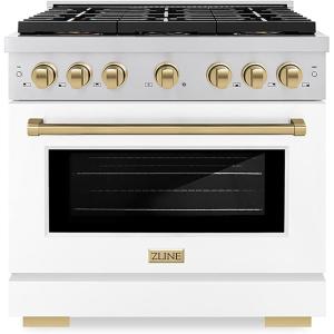 imageZLINE Autograph Edition 36 in 52 cu ft Paramount Dual Fuel Range with 6 Burner DuoPro Cooktop and Electric Convection Oven with White Matte Door and Champagne Bronze Accents PSDRZWM36CB