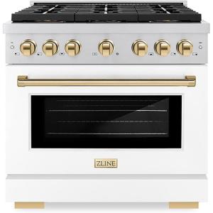 imageZLINE Autograph Edition 36 in 52 cu ft Paramount Dual Fuel Range with 6 Burner DuoPro Cooktop and Electric Convection Oven with White Matte Door and Polished Gold Accents PSDRZWM36G