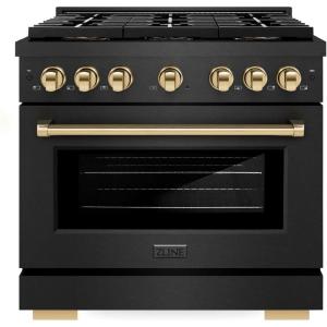 imageZLINE Autograph Edition 36 in 52 cu ft Paramount Gas Range with 6 Burner DuoPro Cooktop and Convection Gas Oven in Black Satin Stainless Steel and Polished Gold Accents PSGRBSZ36G
