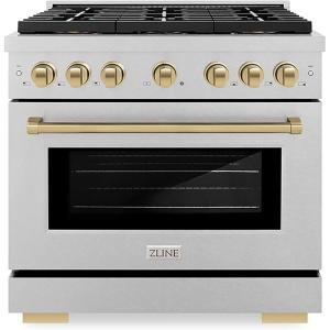 imageZLINE Autograph Edition 36 in 52 cu ft Paramount Gas Range with 6 Burner DuoPro Cooktop and Convection Gas Oven in Satin Stainless Steel and Champagne Bronze Accents PSGRSZ36CB