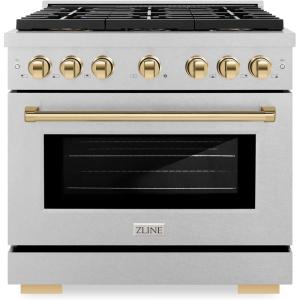 imageZLINE Autograph Edition 36 in 52 cu ft Paramount Gas Range with 6 Burner DuoPro Cooktop and Convection Gas Oven in Satin Stainless Steel and Polished Gold Accents PSGRSZ36G