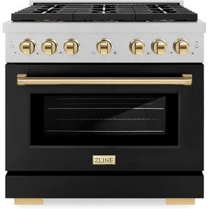 imageZLINE Autograph Edition 36 in 52 cu ft Paramount Gas Range with 6 Burner DuoPro Cooktop and Convection Gas Oven in Satin Stainless Steel with Black Door and Polished Gold Accents PSGRSZBLM36G