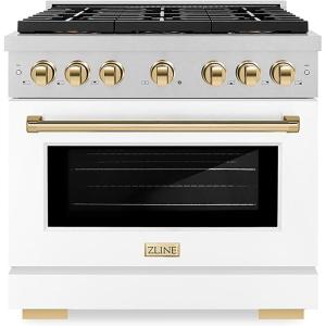 imageZLINE Autograph Edition 36 in 52 cu ft Paramount Gas Range with 6 Burner DuoPro Cooktop and Convection Gas Oven in Satin Stainless Steel with White Door and Polished Gold Accents PSGRSZWM36G
