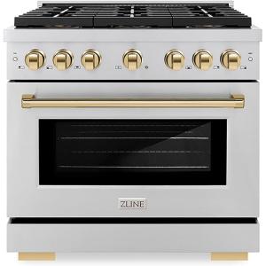 imageZLINE Autograph Edition 36 in 52 cu ft Paramount Gas Range with 6 Burner DuoPro Cooktop and Convection Gas Oven in Stainless Steel and Polished Gold Accents PSGRZ36G