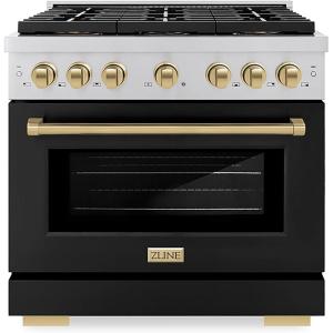 imageZLINE Autograph Edition 36 in 52 cu ft Paramount Gas Range with 6 Burner DuoPro Cooktop and Convection Gas Oven with Black Matte Door and Champagne Bronze Accents PSGRZBLM36CB