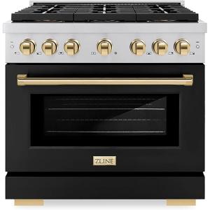 imageZLINE Autograph Edition 36 in 52 cu ft Paramount Gas Range with 6 Burner DuoPro Cooktop and Convection Gas Oven with Black Matte Door and Polished Gold Accents PSGRZBLM36G