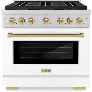 imageZLINE Autograph Edition 36 in 52 cu ft Paramount Gas Range with 6 Burner DuoPro Cooktop and Convection Gas Oven with White Matte Door and Champagne Bronze Accents PSGRZWM36CB