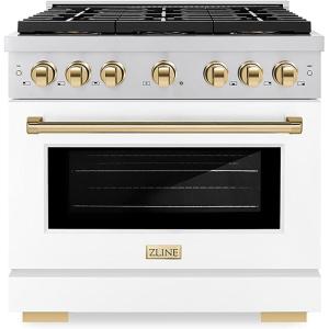 imageZLINE Autograph Edition 36 in 52 cu ft Paramount Gas Range with 6 Burner DuoPro Cooktop and Convection Gas Oven with White Matte Door and Polished Gold Accents PSGRZWM36G