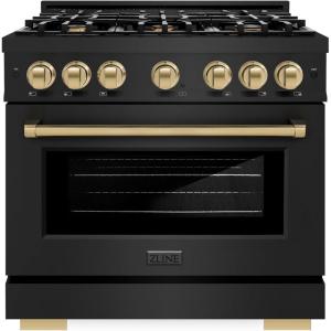 imageZLINE Autograph Edition 36 in 52 cu ft Select Dual Fuel Range with 6 Burner Gas Cooktop and Electric Convection Oven in Black Stainless Steel with Champagne Bronze Accents HDRBZ36CB
