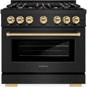 imageZLINE Autograph Edition 36 in 52 cu ft Select Dual Fuel Range with 6 Burner Gas Cooktop and Electric Convection Oven in Black Stainless Steel with Polished Gold Accents HDRBZ36G