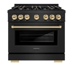 imageZLINE Autograph Edition 36 in 52 cu ft Select Gas Range with 6 Burner Cooktop and Convection Gas Oven in Black Stainless Steel and Polished Gold Accents HGRBZ36G