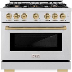 imageZLINE Autograph Edition 36 in 52 cu ft Select Gas Range with 6 Burner Cooktop and Convection Gas Oven in Satin Stainless Steel and Champagne Bronze Accents HGRSZ36CB