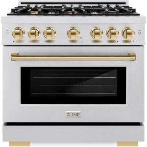 imageZLINE Autograph Edition 36 in 52 cu ft Select Gas Range with 6 Burner Cooktop and Convection Gas Oven in Satin Stainless Steel and Polished Gold Accents HGRSZ36G