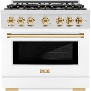 imageZLINE Autograph Edition 36 in 52 cu ft Select Gas Range with 6 Burner Cooktop and Convection Gas Oven in Satin Stainless Steel with White Matte Door and Polished Gold Accents HGRSZWM36G