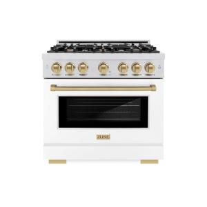 imageZLINE Autograph Edition 36 in 52 cu ft Select Gas Range with 6 Burner Cooktop and Convection Gas Oven in Satin Stainless Steel with White Matte Door and Champagne Bronze Accents HGRSZWM36CB