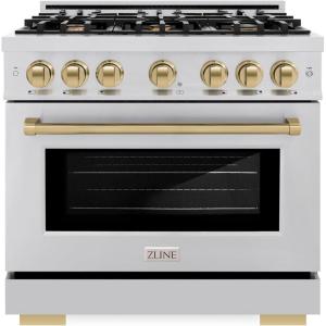 imageZLINE Autograph Edition 36 in 52 cu ft Select Gas Range with 6 Burner Cooktop and Convection Gas Oven in Stainless Steel and Champagne Bronze Accents HGRZ36CB