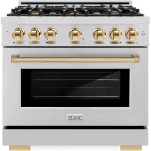 imageZLINE Autograph Edition 36 in 52 cu ft Select Gas Range with 6 Burner Cooktop and Convection Gas Oven in Stainless Steel and Polished Gold Accents HGRZ36G