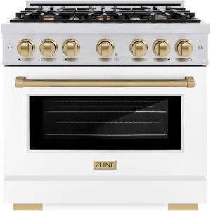 imageZLINE Autograph Edition 36 in 52 cu ft Select Gas Range with 6 Burner Cooktop and Convection Gas Oven in Stainless Steel with White Matte Door and Champagne Bronze Accents HGRZWM36CB
