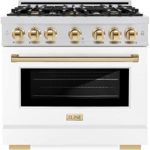 imageZLINE Autograph Edition 36 in 52 cu ft Select Gas Range with 6 Burner Cooktop and Convection Gas Oven in Stainless Steel with White Matte Door and Polished Gold Accents HGRZWM36G